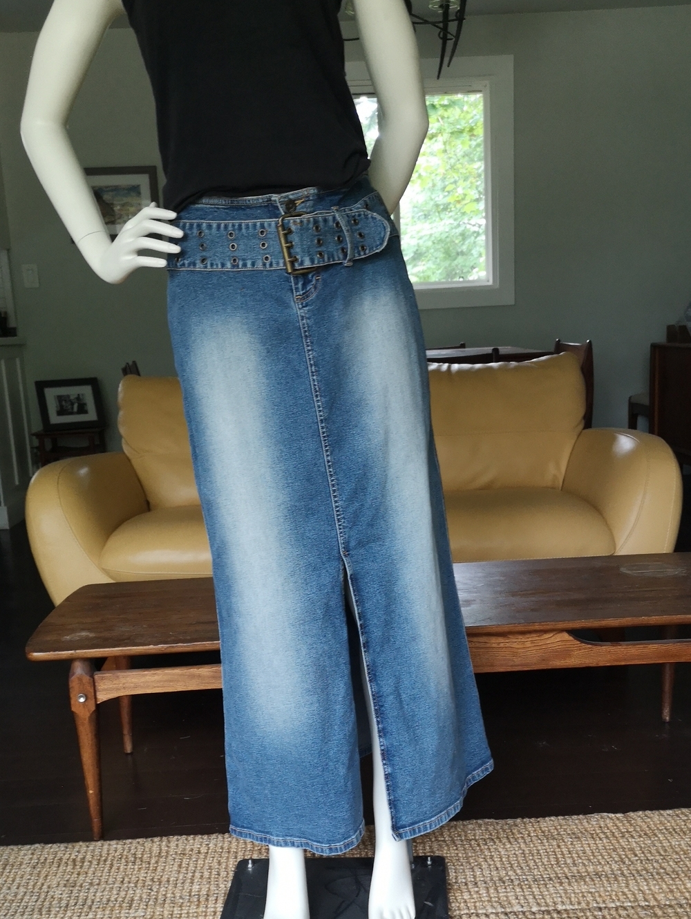 Mudd funky long denim belted skirt